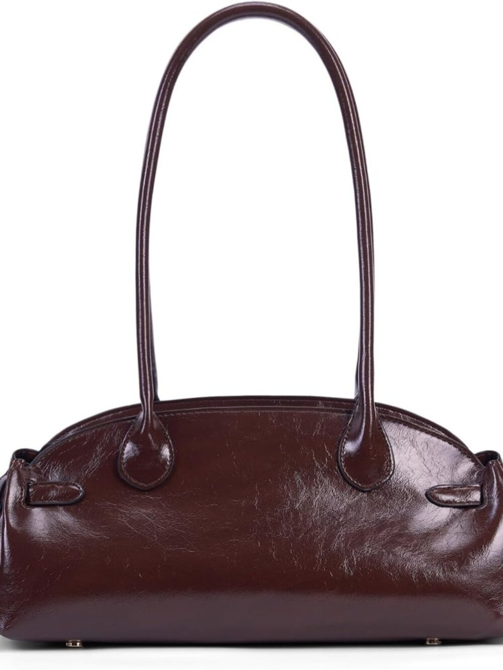 Vintage Shoulder Bag - Glossy Leather Top Handle Handbag, Retro Minimalist Dome